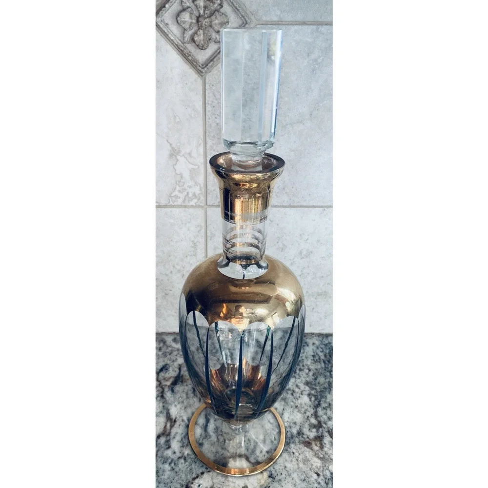Vintage MCM Bohemia Crystal Glass Decanter Gold Black Gorgeous Antique Beautiful